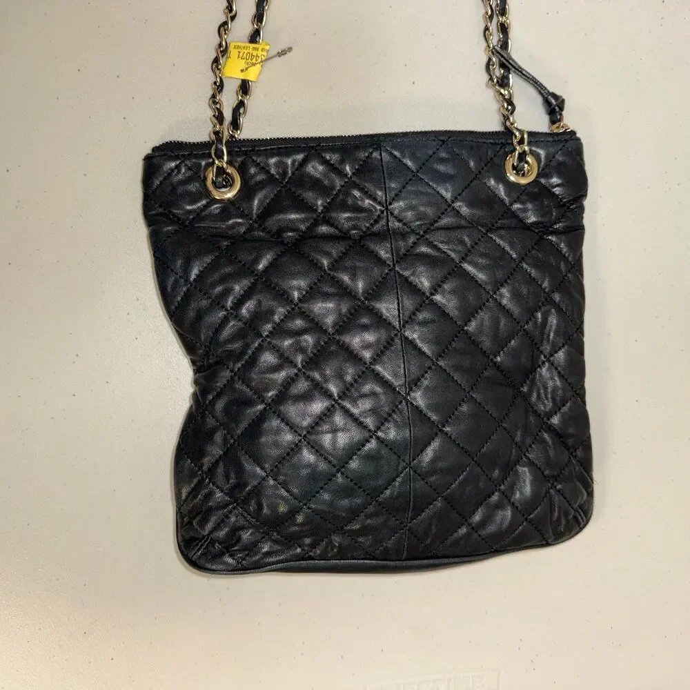 DKNY Leather Black Shoulder Bag Quilted Gold Purse Carryall Business Pocketbook